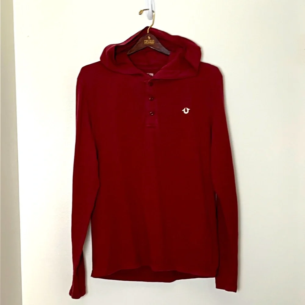 True Religion Hoodie Men’s Small Maroon Henley Shirt Pullover Embroidered Logo